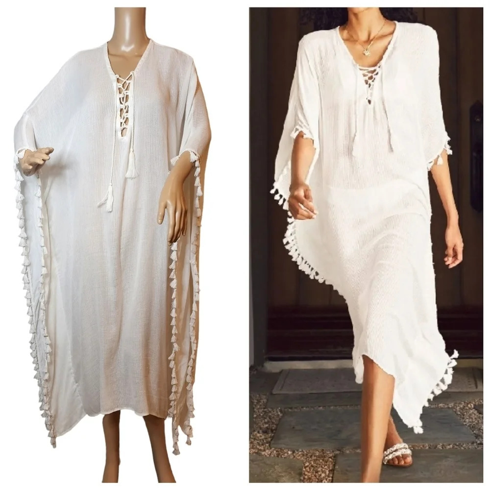 NWT O/S Walter Baker White‎ Acapulco Kaftan Maxi Dress Coverup One size (Flaw)